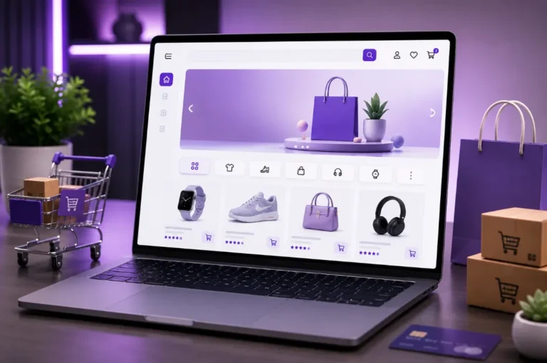 Création de site e-commerce sur mesure avec ordinateur portable affichant une boutique en ligne WooCommerce - Medialik Studio