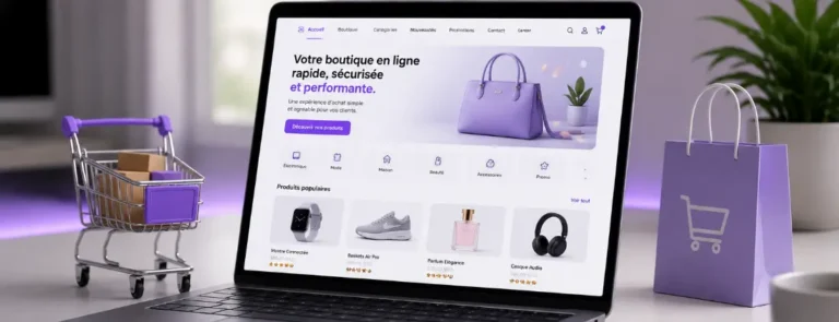 Création site e-commerce Maroc : ordinateur portable affichant une boutique en ligne WooCommerce performante par Medialik Studio