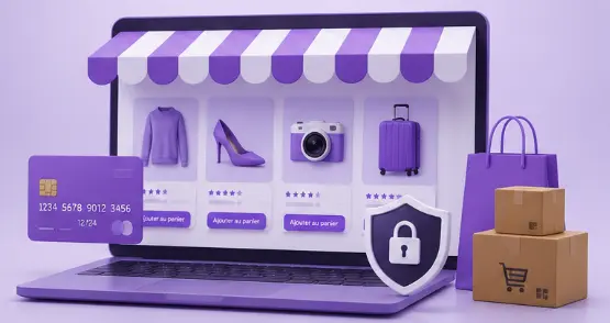 Création Site E-commerce Maroc : ordinateur avec boutique WooCommerce et paiement en ligne sécurisé - Medialik Studio