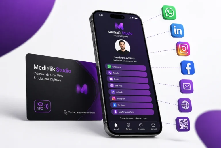 Carte de visite NFC connectée à un smartphone avec site web, QR Code, WhatsApp, LinkedIn, Instagram et autres réseaux sociaux.